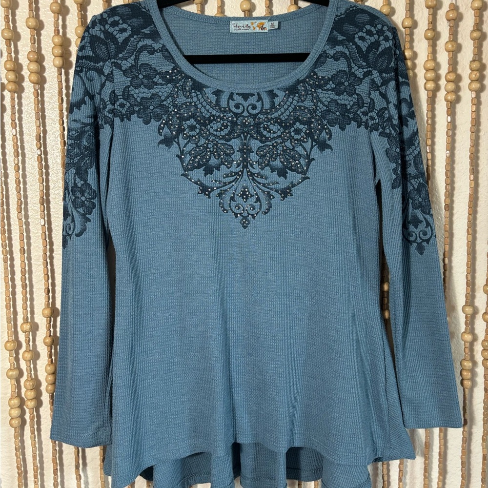 Unity World Gray Blue Floral Lace Rhinestone Y2K 2013 Waffle Knit Babydoll Top M